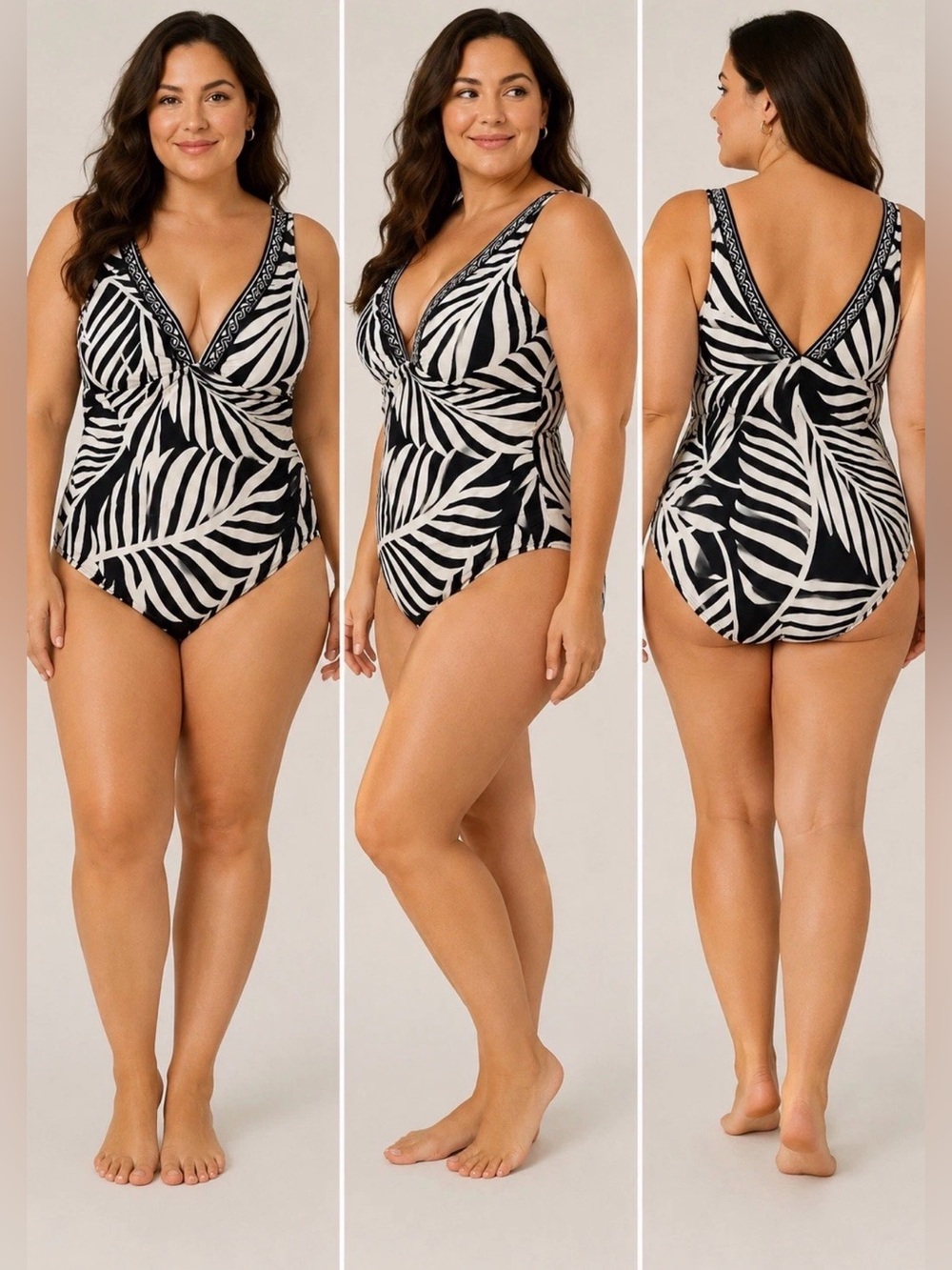 Sofia by Sofia Vergara 1X One-Piece Swimsuit Black White Palm Leaf Print NWOT